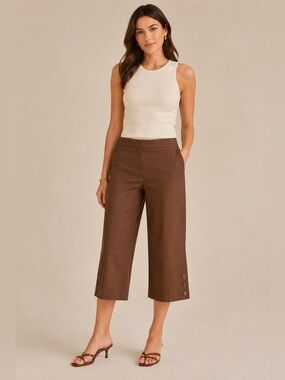 Ann Taylor Loft Brown Cropped Wide Leg Capri Pants Button Hem Women’s 10